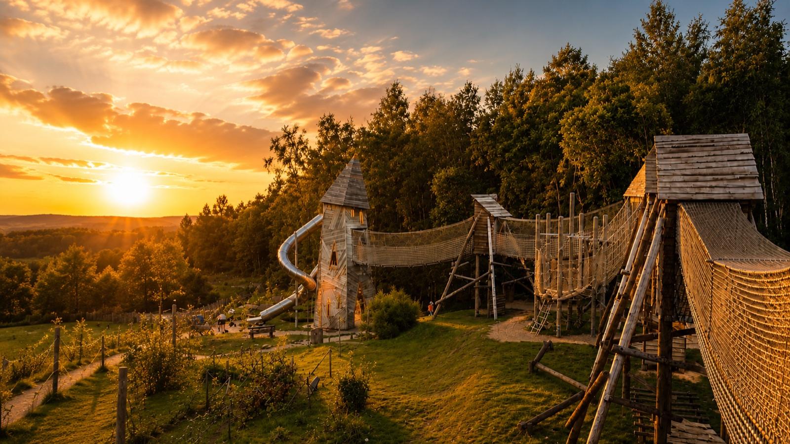 Plaine de jeux en bois du Parc Chlorophylle au coucher du soleil