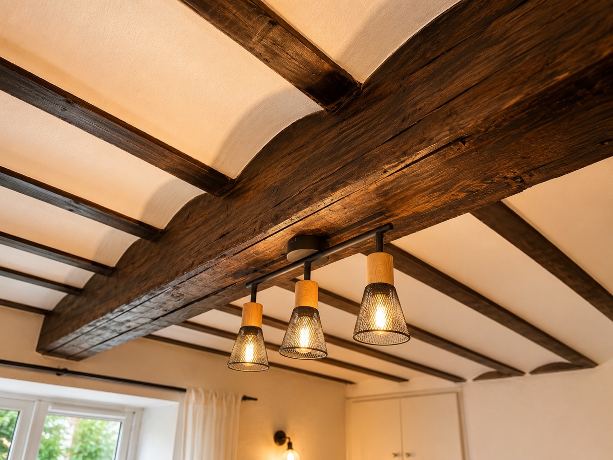 Plafond à poutres apparentes du salon