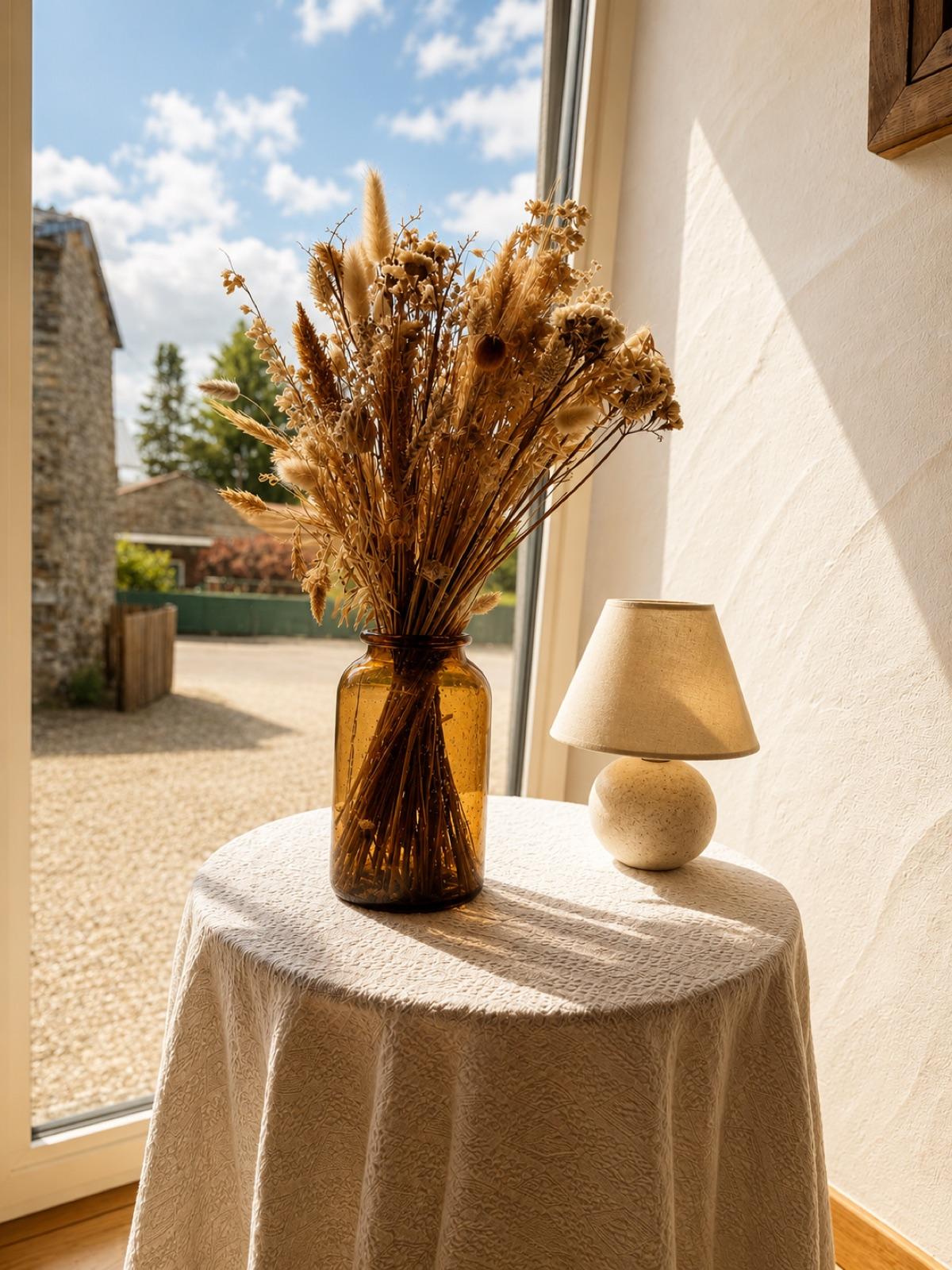 Fleurs séchées devant la fenêtre